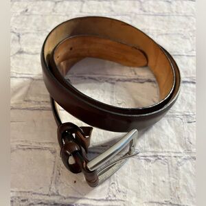 GENUINE LEATHER MADE IN ENGLAND SOLID BRASS SILVER TONE BUCKLE BROWN BELT 36